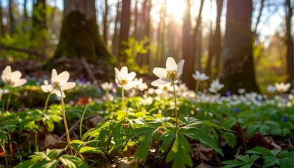 Obraz premium Spring blossoms in a sunlit forest