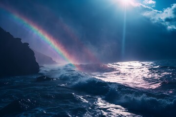Vibrant rainbow arches over dramatic ocean waves under a sunlit sky