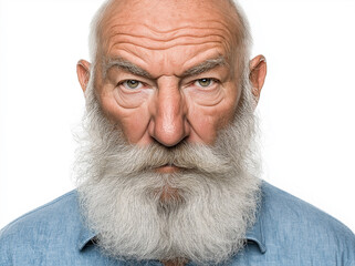 Angry old man with a white beard, looking straight into the camera, isolated on a white background
