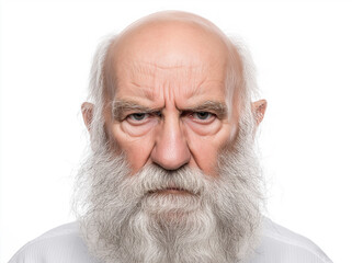 Angry old man with a white beard, looking straight into the camera, isolated on a white background
