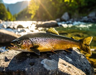 Obraz premium Trout resting on a rock by a river at sunrise