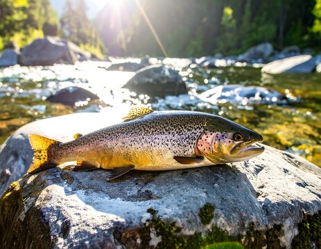 Trout resting on a rock by a river - Powered by Adobe
