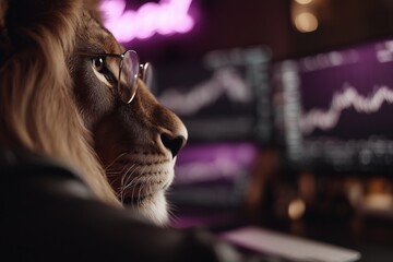 A confident lion wearing glasses concentrates on financial market charts glowing with purple neon light on a dark computer screen.