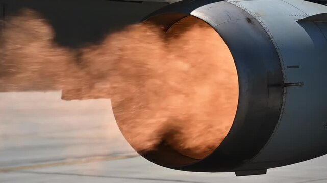 Close up of a jet engine exhaust with flames and smoke.