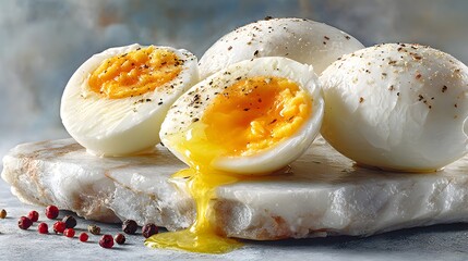 Close-up captures the exquisite texture of several hard boiled eggs, sprinkled with pepper and set on a light marble surface, with a yolk elegantly dripping out.