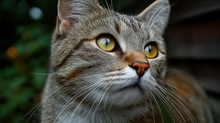 Close up of tabby cat face with yellow eyes looking up