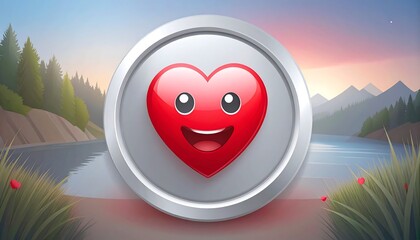 Smiling heart icon on a circular badge, serene landscape background
