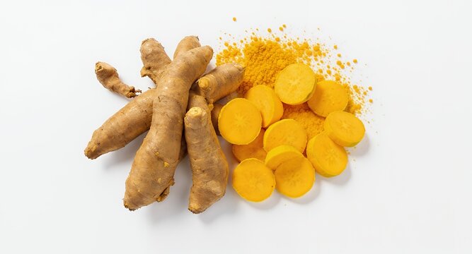 Fresh turmeric rhizomes and powder on white background