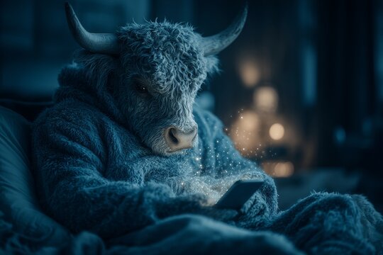 Charming bull's nighttime smartphone adventure. Cryptocurrency risks today. Is crypto the new frontier or a dangerous illusion. Crypto money truth. Bull's smartphone.
