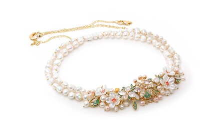 Obraz premium Pearl Necklace on White Background – a timeless and graceful visual. The delicate pearl necklace set against a white background highlights elegance, purity, and classic beauty