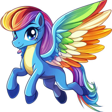 AI Image depicts a vibrant cartoon pony with a rainbow colored mane against a black backdrop