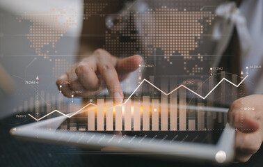Woman sitting in cafe using tablet for analyzing data stock market in monitoring room with team pointing on the data presented in the chart, financial investment concept