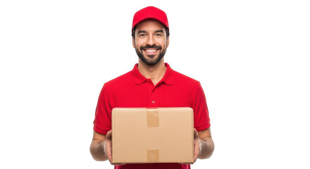 Smiling delivery person holds package ready for shipping courier service logistics