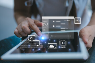 Woman sitting in cafe using tablet for AI agents concept, representing artificial intelligence automation, robotics, data processing and smart technology innovation