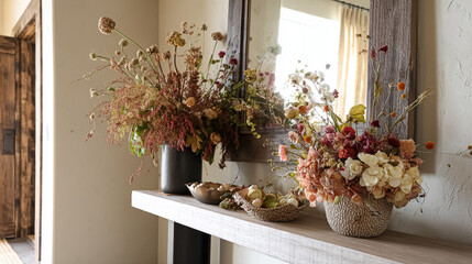 Fototapeta premium Hall with console, mirror, basket, boot, wreath and ornament arranged for seasonal decor, showing autumn reference in English cottage or home interior for lifestyle and hospitality