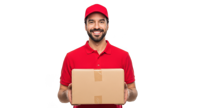 Smiling delivery person holds package ready for shipping courier service logistics - Powered by Adobe