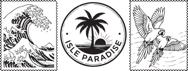 Set of Illustrative Stamp Designs with Ocean Wave, Tropical Island, and Flying Parrots © Muhammad