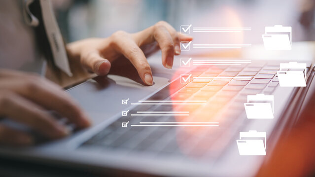 hands typing on computer keyboard, Document data system Report HR technology Concept, Businesswoman Manager checking white documents reports papers of files icon in modern office