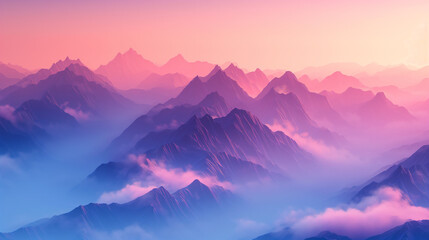 Obraz premium Holographic mountain ranges at dawn, with mist rolling over the peaks, misty mountains, with copy space 