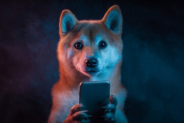 Adorable dog delighted by smartphone in dark room. Information overload solutions. Massive data volumes drive new processing innovations. Data handling strategies. Data analysis systems.