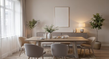 Fototapeta premium Modern dining room with elegant design and blank wall for art or branding.