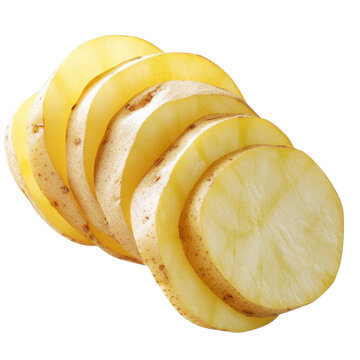 AI Image showcases thinly sliced raw potatoes arranged in a staggered pattern against a stark