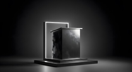 Sleek black podium on a minimalist dark stage, illuminated by a glowing rectangular frame. Empty pedestal for product display or awards showcase