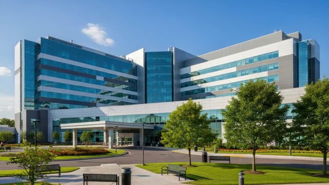 modern multi-story building with reflective blue glass and light panels under clear sky Manicured green lawns mature trees vibrant flower beds paved paths and benches frame its prominent covered main