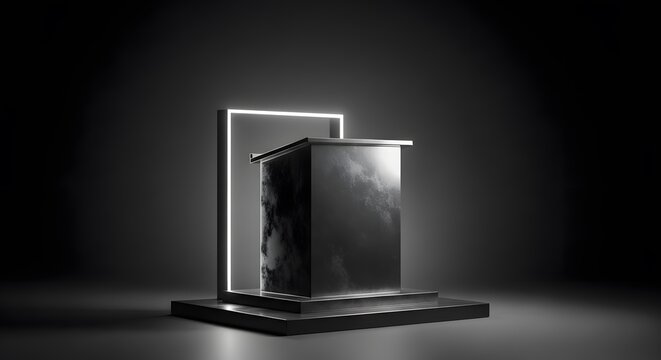 Sleek black podium on a minimalist dark stage, illuminated by a glowing rectangular frame. Empty pedestal for product display or awards showcase