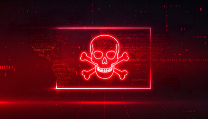 Glowing red screen with skull and binary overlay represents malware infection, virus attack, and digital corruption.