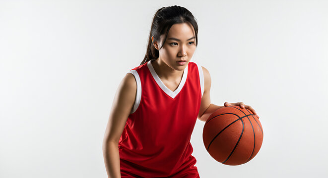 Focused Asian female basketball player dribbling the ball with determination
