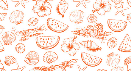 Orange Outline Seamless Summer Pattern with Hand-Drawn Watermelon, Hibiscus, Seashells, and Starfish