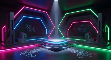 Neon Stage Design A Futuristic Platform for Gaming and Digital Events with Colorful Lights