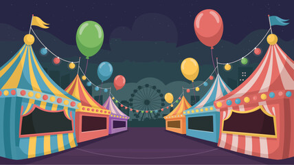 Nighttime carnival midway with colorful tents, balloons, and a Ferris wheel fair stalls