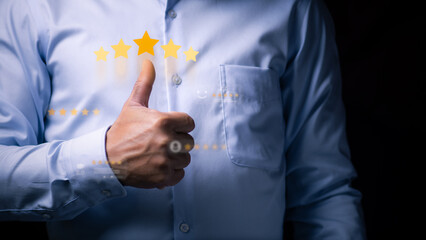 Customer giving a 5-star rating and positive feedback review, thumbs up symbol of satisfaction, online business success, and store reputation