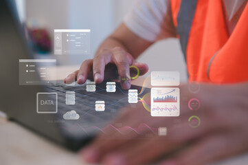 Engineer using computer laptop with futuristic AI interface showing chatbot, machine learning, and data analysis. Concept of artificial intelligence, automation, digital transformation technology