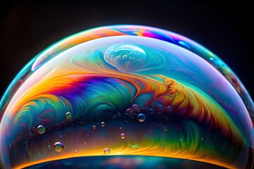 Close up macro shot of a colorful iridescent soap bubble with reflections and tiny water droplets against a dark background