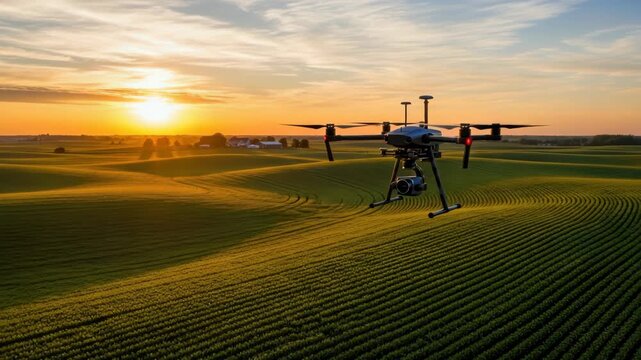 quadcopter drone hovers above rolling green agricultural fields at sunset Golden light illuminates crop rows stretching towards distant farmhouses and trees blending technology with rural beauty