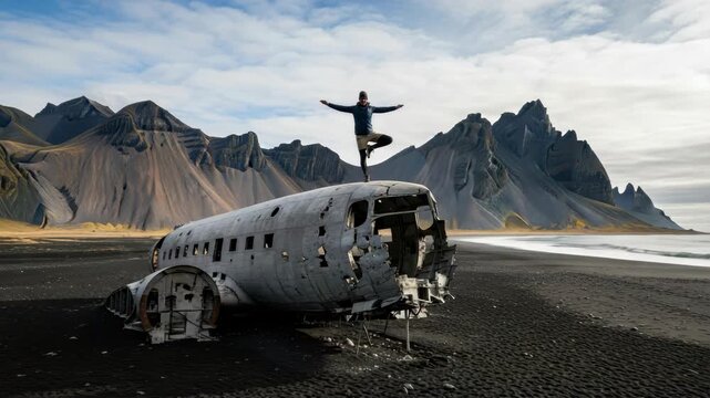 person balances on weathered airplane fuselage wreck on vast black sand beach Rugged mountains rise in the background under partly cloudy sky with ocean waves in the distance