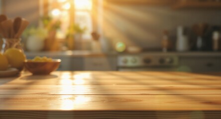 Fototapeta premium Warm Kitchen Table with Sunlight and Blurred Background