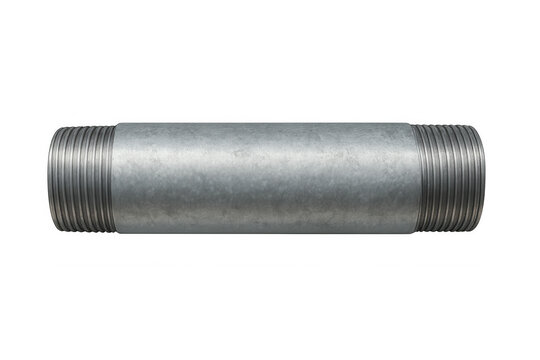 Galvanized metal pipe nipple with threading on both ends, an industrial plumbing and hardware component