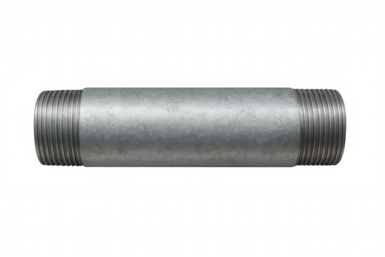 Galvanized metal pipe nipple with threading on both ends, an industrial plumbing and hardware component