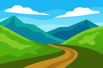 Winding dirt road through green hills and mountains under a blue sky