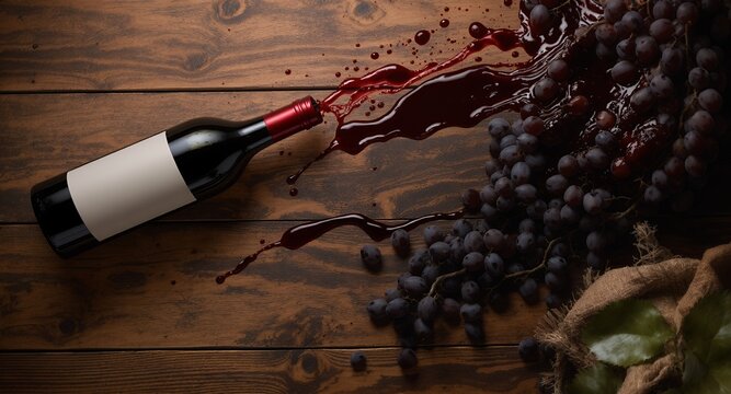 Wine and Grapes on a Wooden Table, Red Wine Pouring, Food and Drink