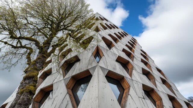 Sustainable office tower facade combining concrete and wood with geometric windows, large tree foreground, modern architecture cloudy blue sky
