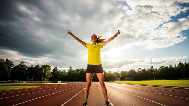 joyful female athlete stands triumphantly on running track arms raised in V pose smiling under dynamic sky with sun and clouds surrounded by green fields and trees