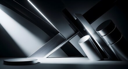 Modern monochromatic 3D podium with dramatic spotlight on a dark stage featuring abstract metallic geometric shapes for product presentation