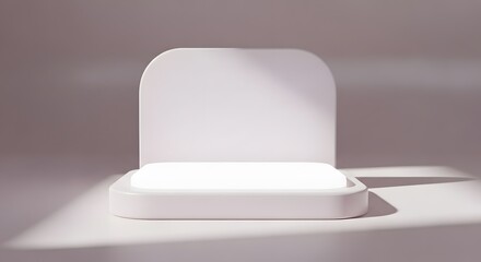 Abstract minimal scene with a geometric podium platform for product display. A white stage for showcasing cosmetics or products with elegant shadows and soft light