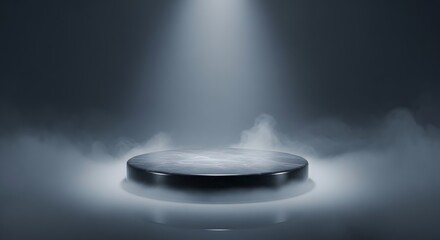 Captivating dark stage with a single spotlight highlighting an elegant circular pedestal, enveloped in mysterious smoke and fog, perfect for dramatic product displays and conceptual presentations