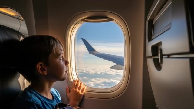 young boy in blue shirt stares out an airplane window his hand on the frame He observes the aircrafts wing soaring over beautiful expanse of white clouds and clear blue sky bathed in warm light